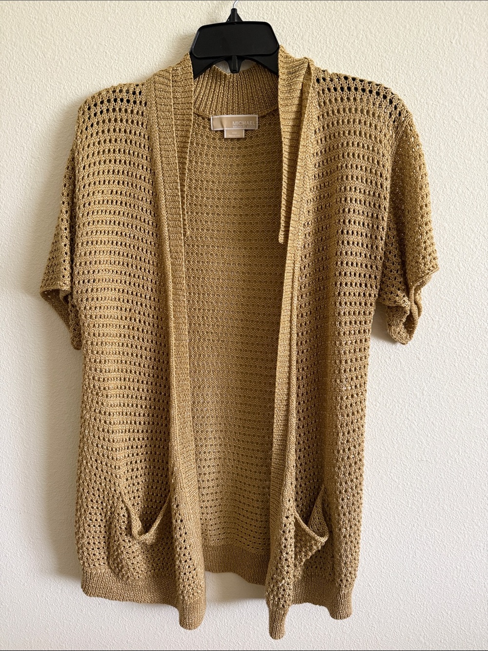 Michael Kors Open Knit Short-Sleeve Cardigan - Camel Size Medium.